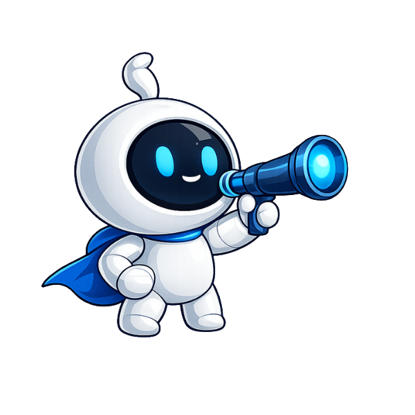 Mascote do SYNQ, um robô de capa, olhando por uma luneta