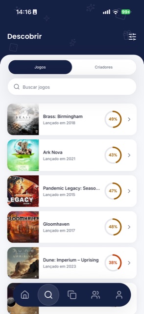 Tela de busca do SYNQ, com jogos do catálogo e a nota de cada um
