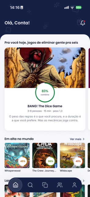 Tela inicial do SYNQ com a sugestão do dia e a nota de compatibilidade